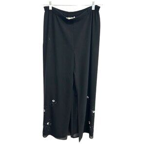 Adrianna Papell Sz 10 Black Wide Leg Pants Floral Beaded Embellished Cocktail